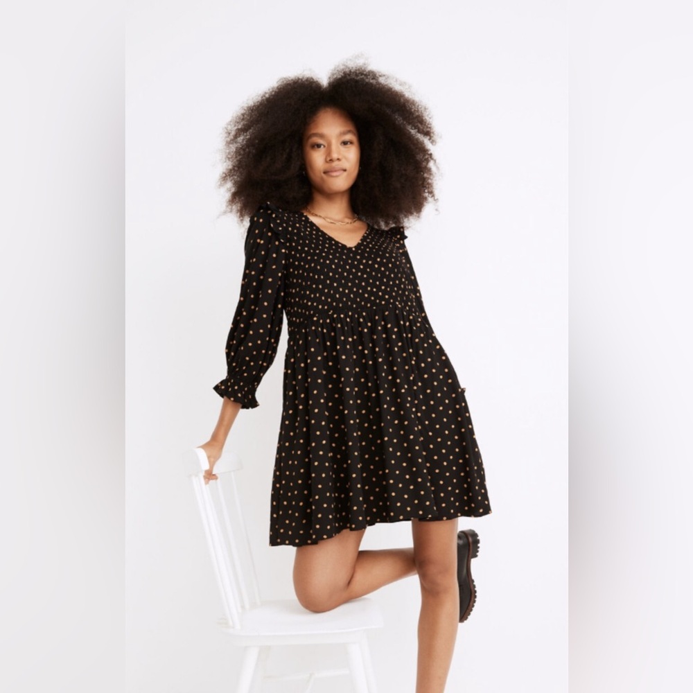 Madewell Black and Gold Polka Dot Mini Dress small like new